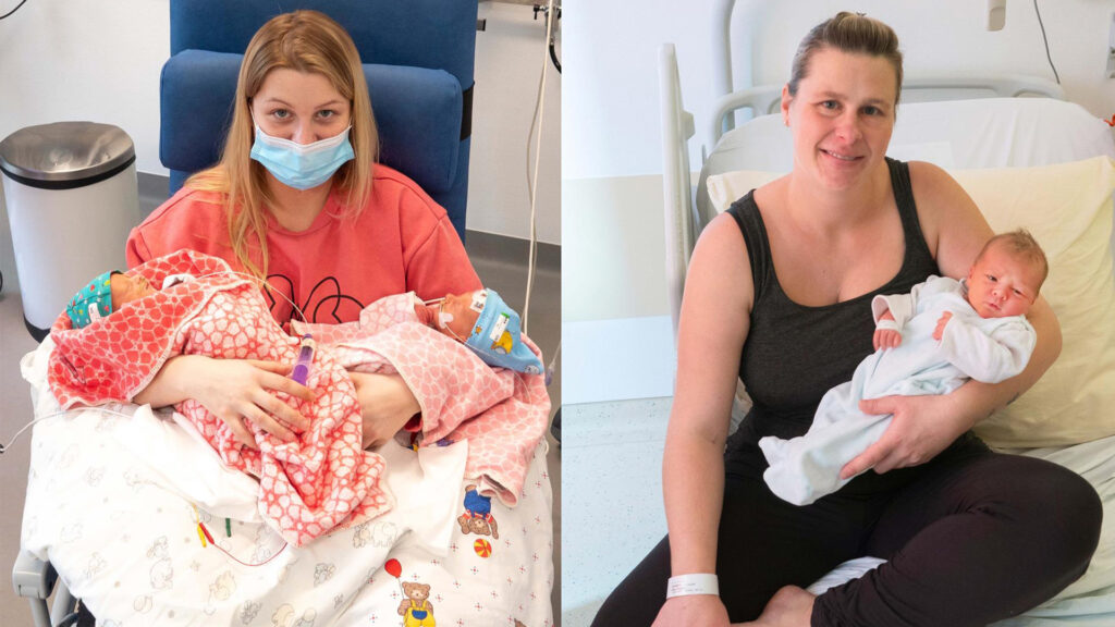 Zwei Schwestern, die innerhalb einer Woche entbunden haben, mit ihren Babys